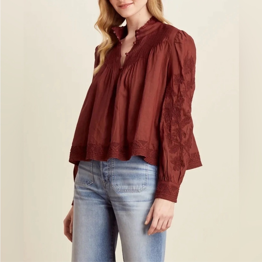 Veronica Beard Amandine Embroidered Ramie Blouse